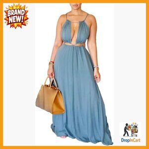 Sexy Cut Out Halter Maxi Dress Flowy Beach Vacation Sleeveless Spaghetti Strap